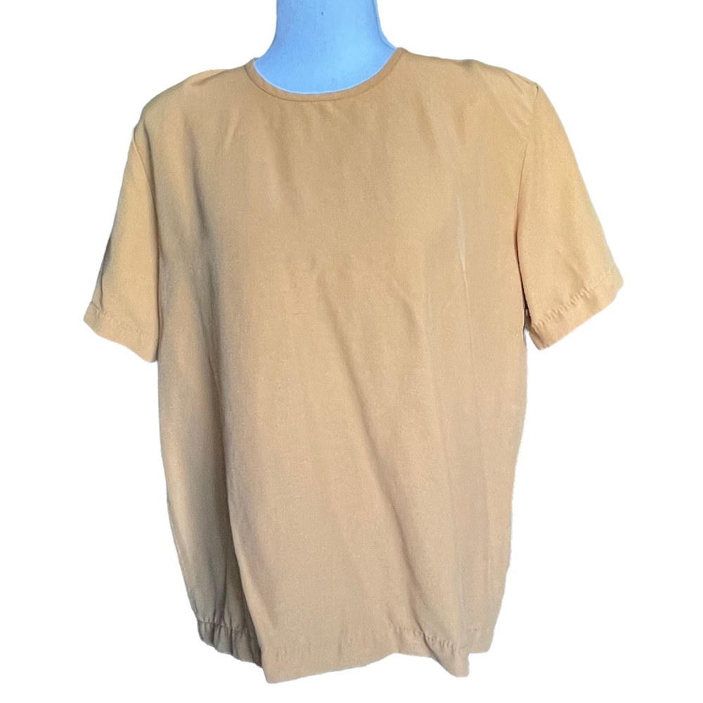 J. Andrews Vtg Satin Marigold Solid Monochrome Short Sleeve Shoulder Pad Blouse